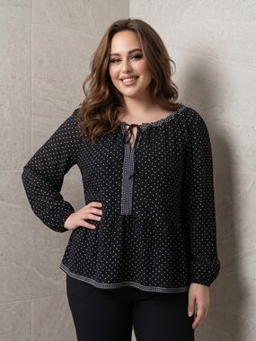 Max Studio Black Polka Dot Peasant Blouse with Tie Neck